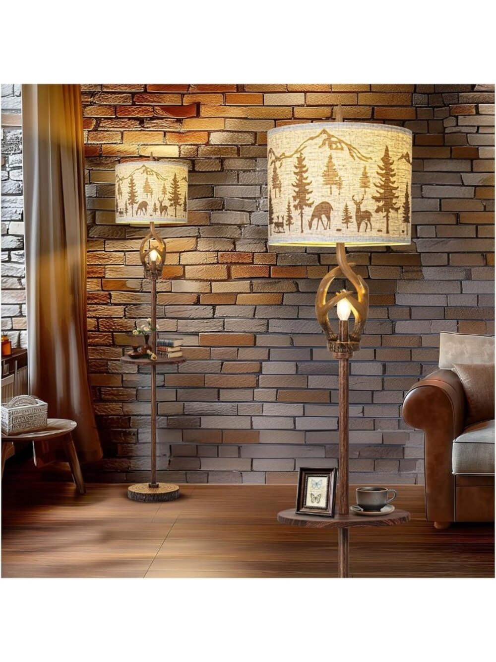 Rustic Vintage Deer Antler Floor Lamp with Metal Tray for Living Room Decor